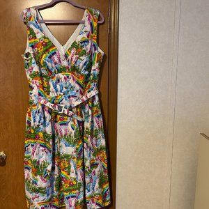 Retro VICTORY PARADE By Limb Sz XL Vivid MultiColor Unicorn Rainbow Belted Dress
